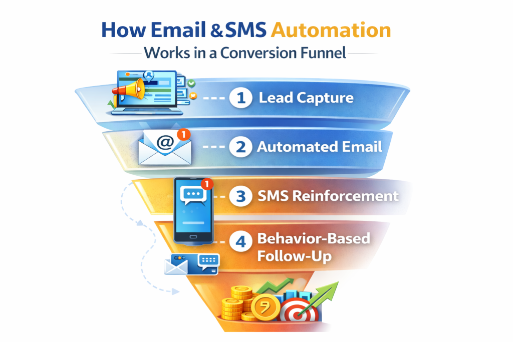 Email & SMS automation conversion funnel steps.