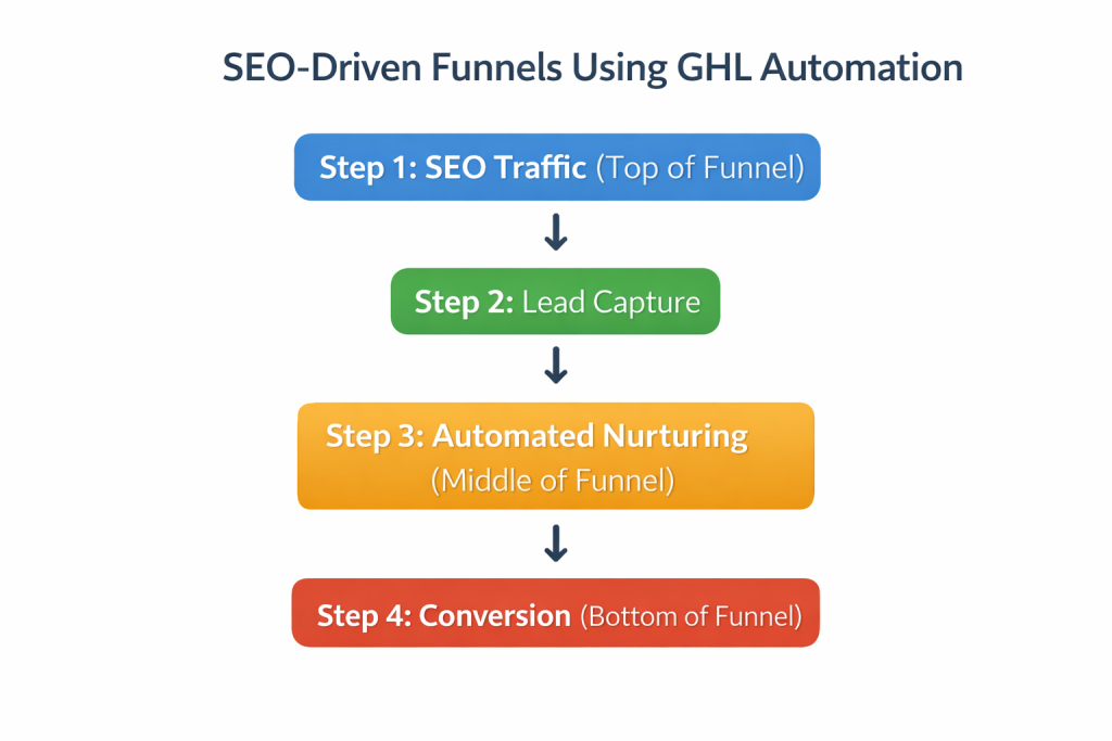 SEO-driven funnels using GHL automation showing four steps: SEO Traffic, Lead Capture, Automated Nurturing, and Conversion, illustrated on a white background for digital marketing workflow visualization.