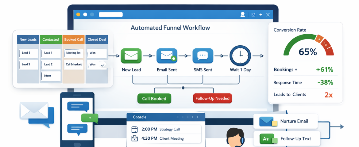 GHL workflow automation dashboard showing automated sales funnels, CRM pipelines, and lead nurturing workflows.