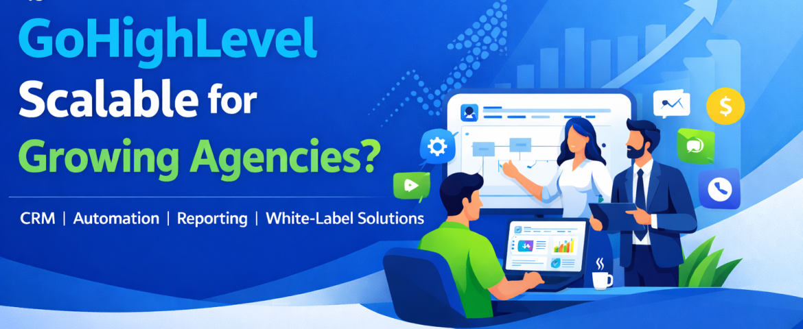 “Illustration showing GoHighLevel scalability for growing agencies, with a team reviewing a dashboard, growth charts, and icons for CRM, automation, reporting, and white-label solutions.”