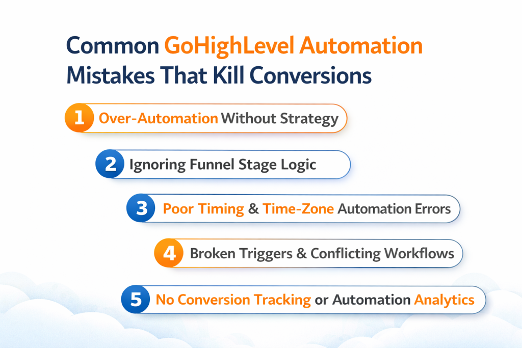 Common GoHighLevel automation mistakes that kill conversions, including over-automation, funnel stage errors, poor timing, broken workflows, and lack of analytics.