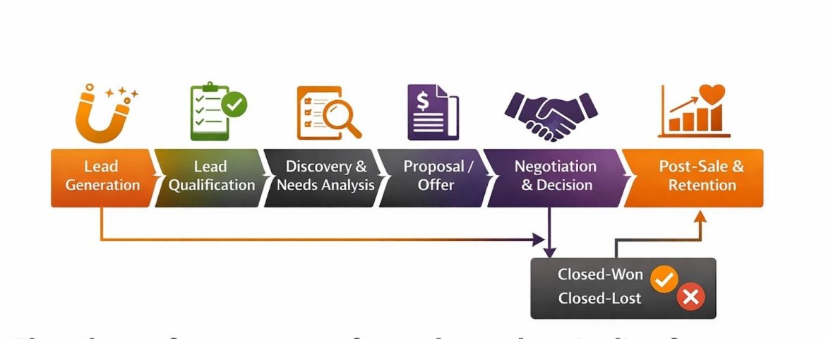 Stages of a complete sales pipeline used by growing companies. Diagram explaining lead generation, nurturing, and conversion stages.