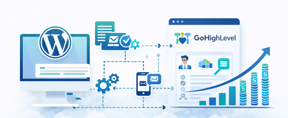 GoHighLevel and WordPress integration diagram for maximum conversions. CRM and website automation workflow illustration.