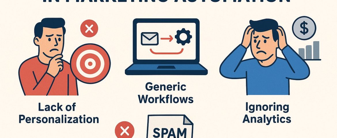 Common marketing automation mistakes businesses should avoid for better performance. Educational graphic explaining workflow and automation strategy errors.