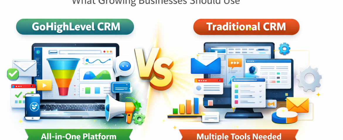 Comparison between GoHighLevel CRM and traditional CRM for automation and scalability. CRM solution overview for digital marketing agencies and service businesses.