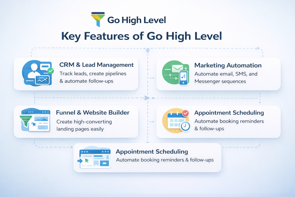 Digital Marketing with GoHighLevel features, including CRM management, automation workflows, funnel builder, and appointment scheduling