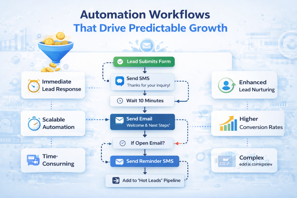 Automation workflows showing lead capture, SMS and email follow-ups, CRM pipeline updates, and predictable business growth