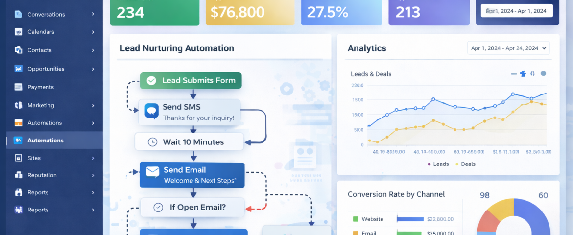 GoHighLevel CRM dashboard showing marketing automation workflows, lead nurturing processes, and performance analytics