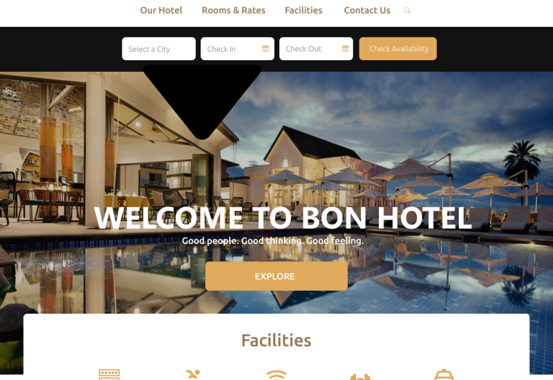 Hotel website design featuring a modern layout and booking-focused user interface. Hospitality website example created for better customer engagement.