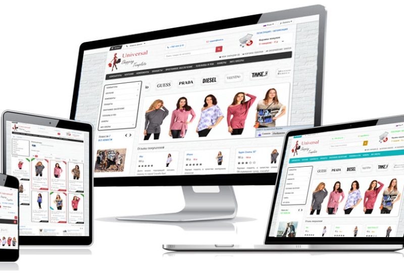Responsive e-commerce website displayed on desktop, laptop, tablet, and mobile screens, showing an online clothing store with product listings, categories, and navigation menu.